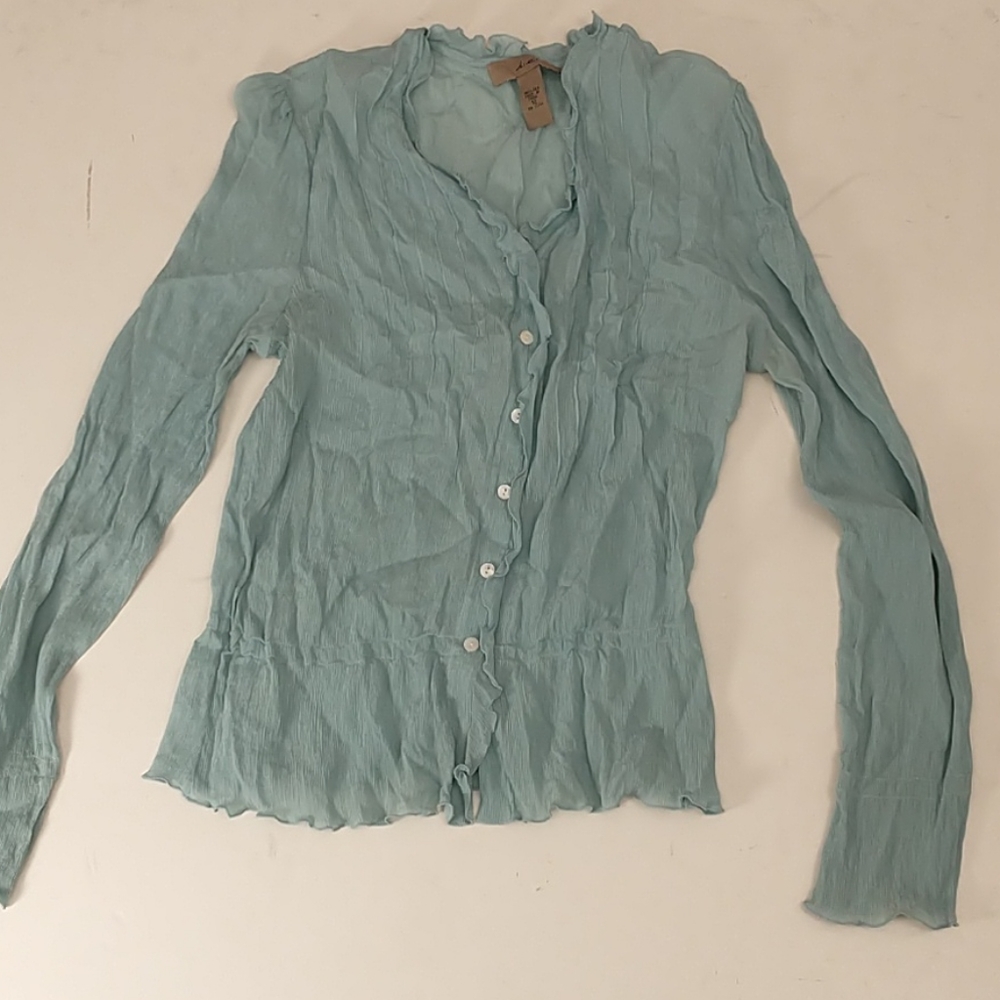 2 Silk Tops Aqua SS Peasant & Button Front Lon Slv - Picture 9 of 14